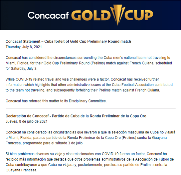 Comunicado por parte de la Concacaf