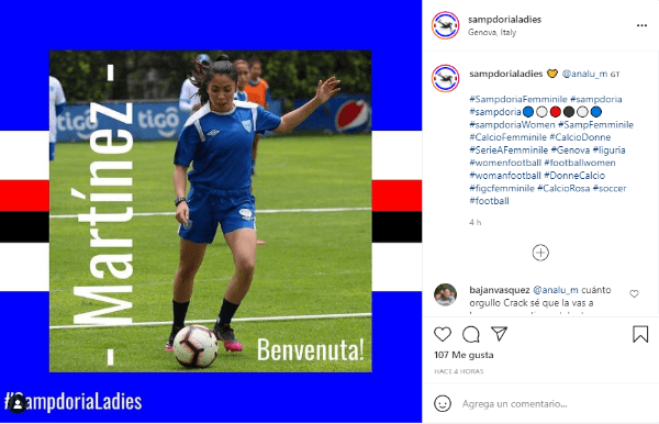 Ana Lucía Martínez anunciada en la cuenta oficial de la Sampdoria femenil