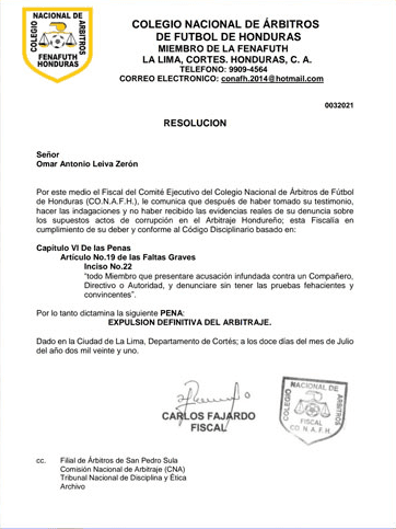 El comunicado de la CONAFH resolviendo la expulsión de Leiva (Foto: Diario Más)