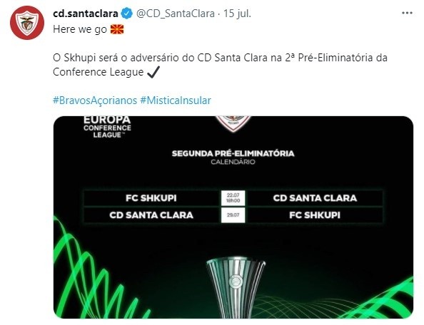 Tuit del Santa Clara en relación a que el Shkupi de Freddy Álvarez será su rival en la próxima ronda Tuit del Santa Clara en relación a que el Shkupi de Freddy Álvarez será su rival en la próxima ronda