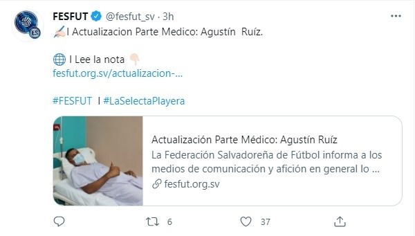 El tuit de la Fesfut con el parte médico de Agustín Ruiz
