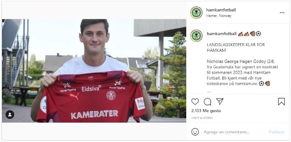 El Hamarkameratene anunciando oficialmente la llegada de Nicholas Hagen