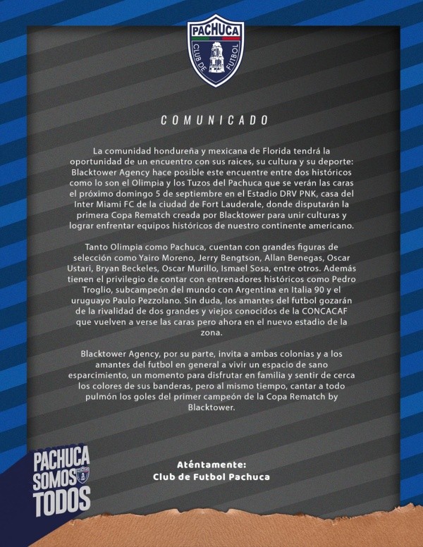 El comunicado de Pachuca anunciando el amistoso con Olimpia