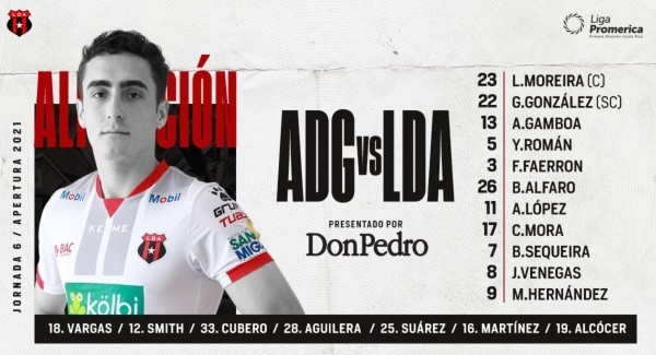 La formación de Alajuelense para enfrentar a Guanacasteca (Foto: Prensa Alajuelense)