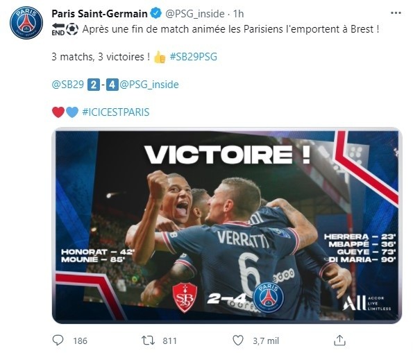 PSG venció por 4-2 al Brest en la tercera fecha de la Ligue 1
