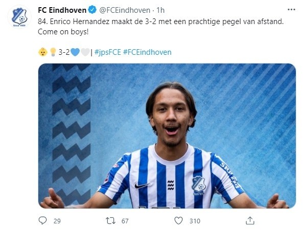 FC Eindhoven celebra en su cuenta de Twitter el gol de Hernández