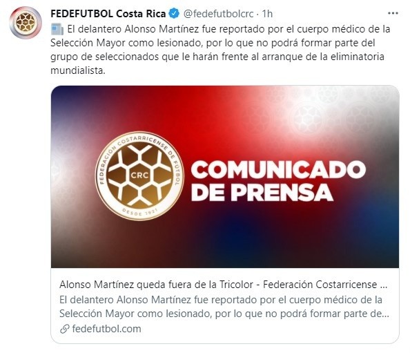 Fedefutbol comunicando la baja de Alonso Martínez