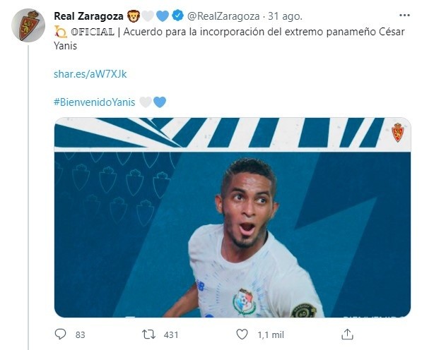 Real Zaragoza anunciando la incorporación de César Yanis