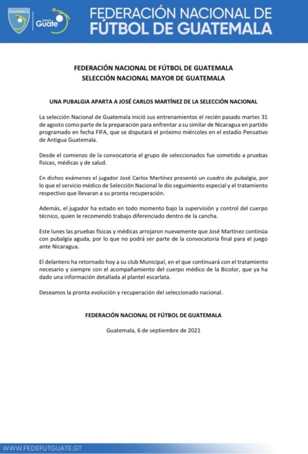 El comunicado sobre la baja de José Carlos Martínez (Foto: Fedefut)