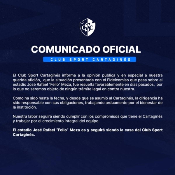 El comunicado oficial de Cartaginés sobre la situación del Fello Meza (Foto: Prensa Cartaginés)