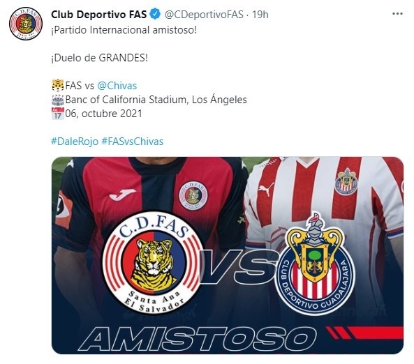 Deportivo FAS anunciando el amistoso ante las Chivas en octubre
