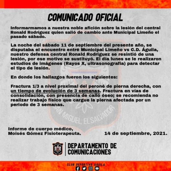 Comunicado oficial del club Águila sobre la lesión de Ronald Rodríguez (Foto: Prensa Águila)