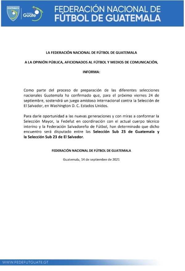 El comunicado de Fedefut sobre el amistoso ante El Salvador (Foto: Fedefut)