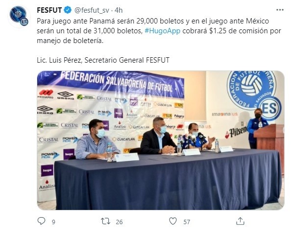 FESFUT publicando la cantidad de entradas disponibles contra México y Panamá