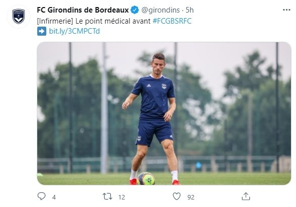 Tuit del Girondins con el parte médico ya sin Alberth Elis