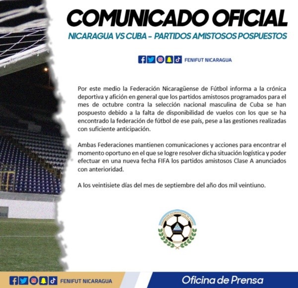 El comunicado que la Fenifut expidió respecto a la postergación de los amistosos con Cuba (Foto: Fenifut)