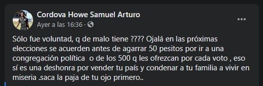 La publicación de Samuel Córdova en Facebook