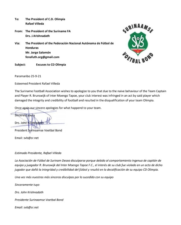 El comunicado de la SVB disculpándose con el Olimpia (Foto: Diario Más de Honduras)