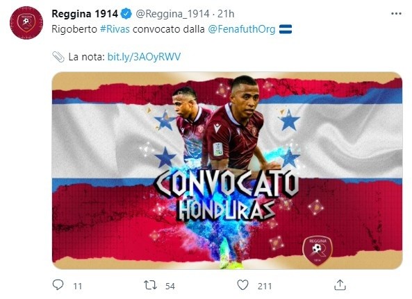 La Reggina anunciando la convocatoria de Rigo Rivas a la Selección de Honduras
