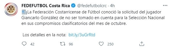 Fedefutbol anunciando la baja de Giancarlo González