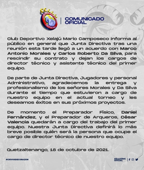 El comunicado que Xelajú publicó en sus redes sociales (Foto: Xelajú)