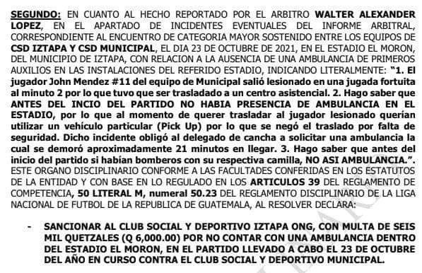 El apartado del comunicado que detalla la sanción a Iztapa (Foto: Futboleros GT)