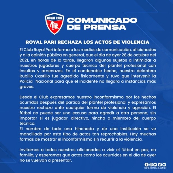 Comunicado del Royal Pari sobre la agresión contra Rubilio Castillo (Foto: Royal Pari)