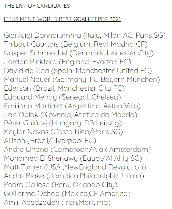 Los nominados a arquero del año por la IFFHS