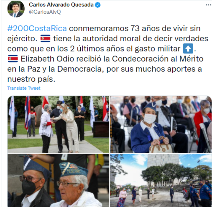 Mensaje del presidente de Costa Rica por la celebración de la Abolición del Ejército (Twitter Casa Presidencial)