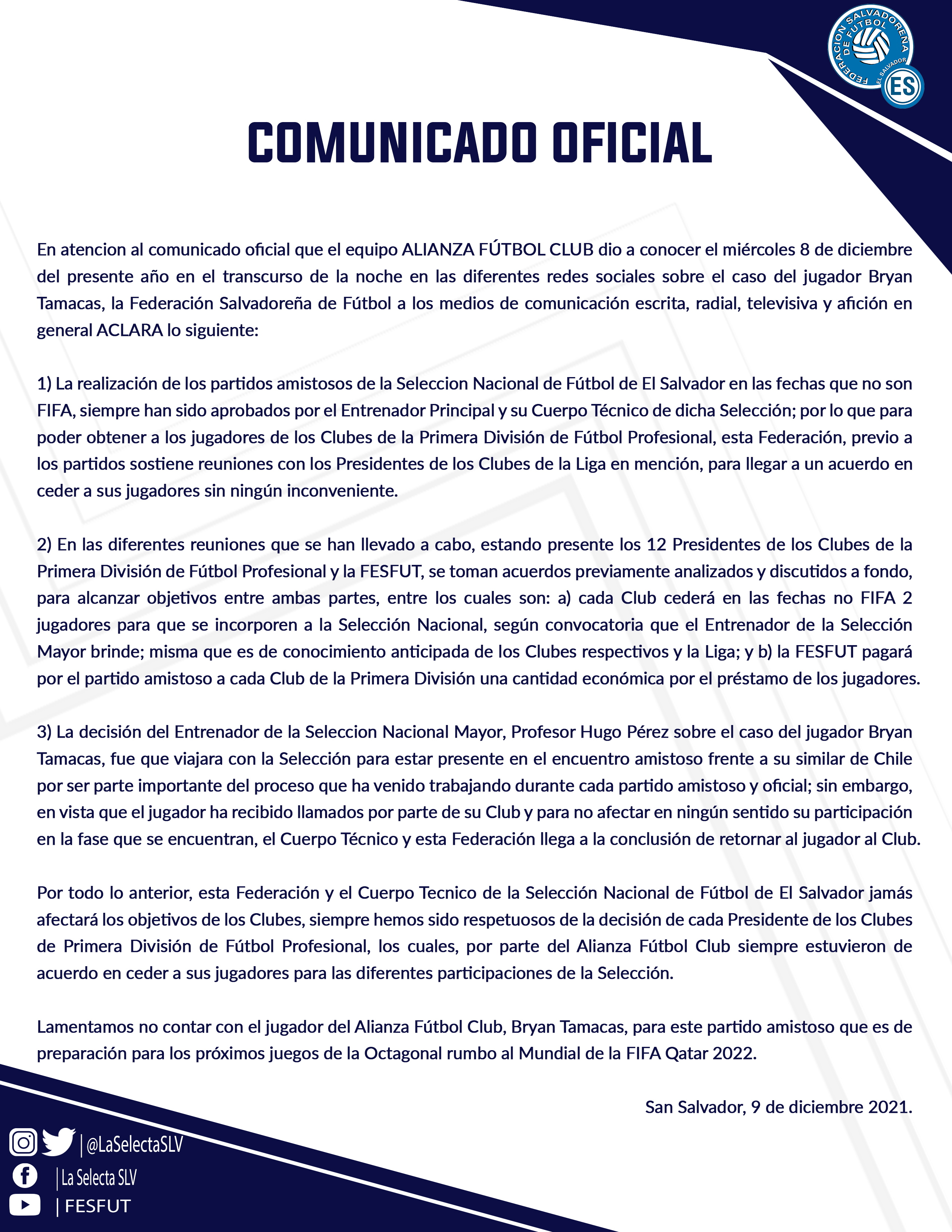 Comunicado oficial de la Federación Salvadoreña de Fútbol