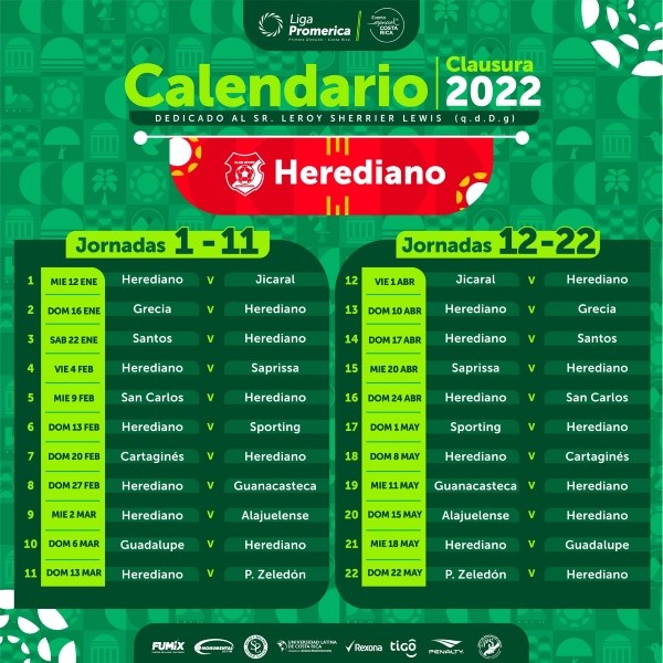 El calendario oficial de Herediano en el Clausura 2022 (Foto: Unafut)
