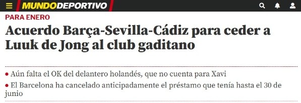 Mundo Deportivo dio la primicia respecto a la llegada de Luuk de Jong al Cádiz, aunque falta el &quot;sí&quot; del neerlandés