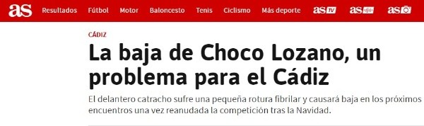 Diario AS informando acerca de la lesión del Choco Lozano