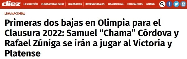 Diario Diez reportando las primeras dos bajas del Olimpia