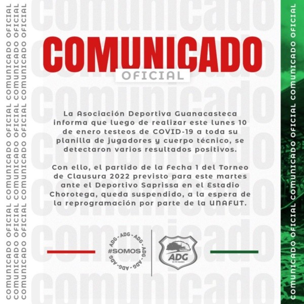 El comunicado de Guanacasteca anunciando la suspensión del juego contra Saprissa (Foto: Prensa Guanacasteca)