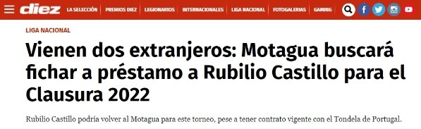 El titular de Diario Diez aseverando que Motagua buscará fichar a préstamo a Rubilio Castillo