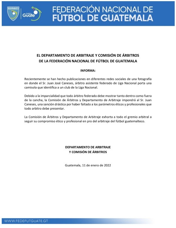 El comunicado de la Fedefut acerca del caso Juan Caneses (Foto: Fedefut)