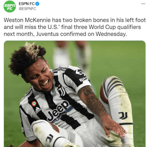 La Juventus confirmó la lesión del volante estadounidense (ESPN FC)