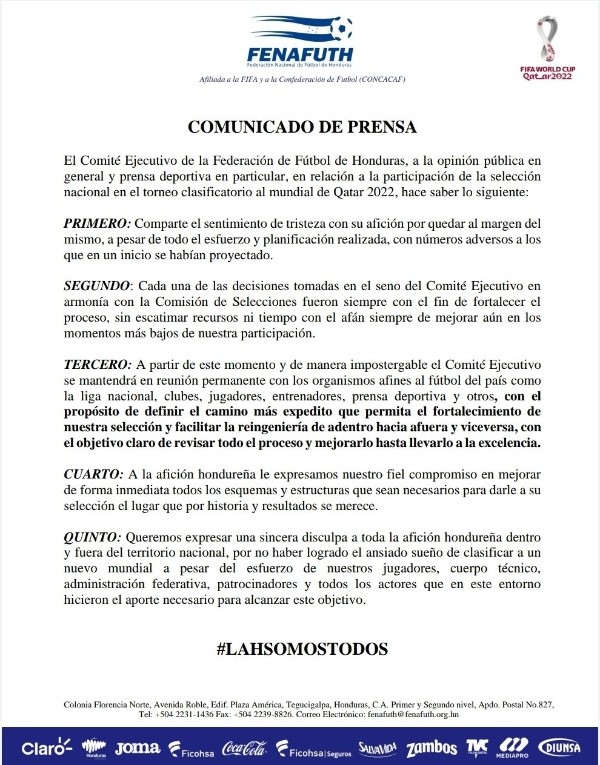 El comunicado de la Fenafuth tras el cierre de las Eliminatorias a Qatar 2022