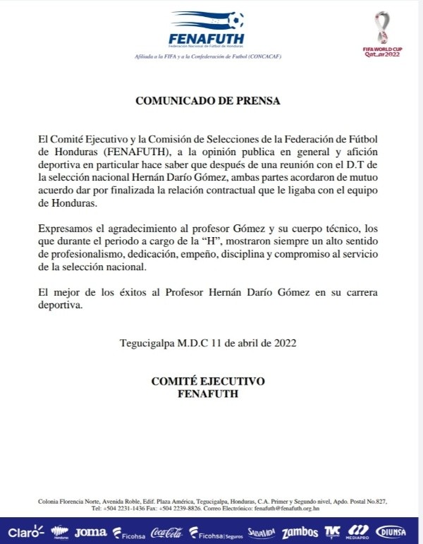 El comunicado de la Fenafuth anunciando la partida del Bolillo Gómez (Foto: Fenafuth)