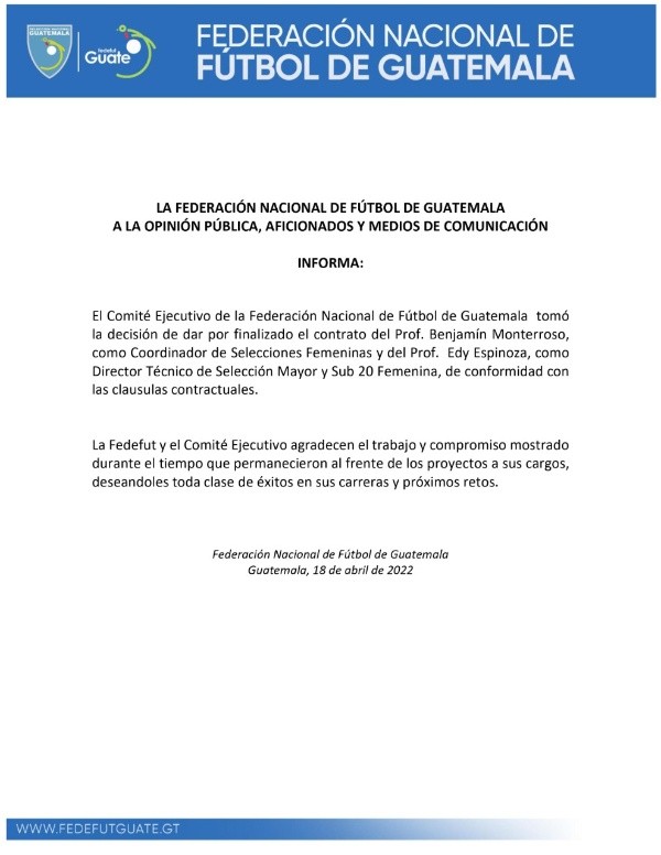 El comunicado de la Fedefut sobre la partida de Edy Espinoza y Benjamín Monterroso de sus respectivos cargos (Foto: Fedefut)