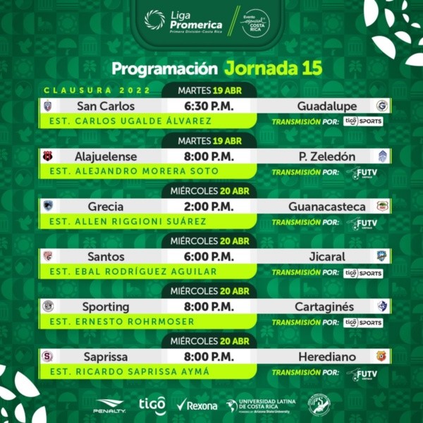 Calendario jornada 15 Clausura 2022 (Unafut)