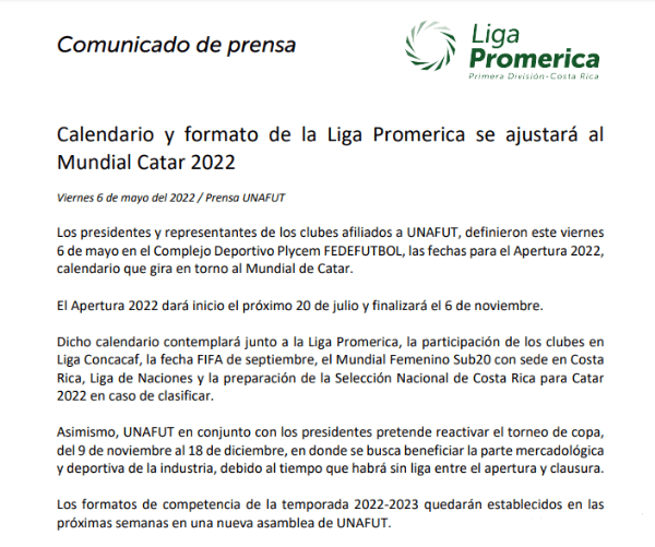 El comunicado de Unafut sobre el Apertura 2022 (Foto: Unafut)