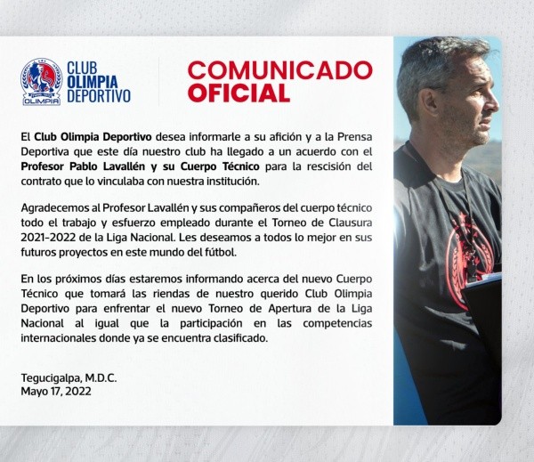El comunicado del Olimpia anunciando la partida de Pablo Lavallén (Foto: Prensa Olimpia)