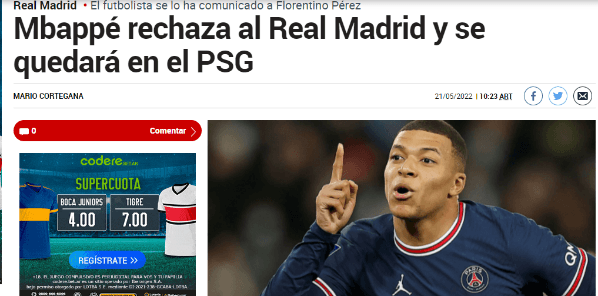 Diario Marca confirmó que Mbappé no jugará en el Real Madrid.
