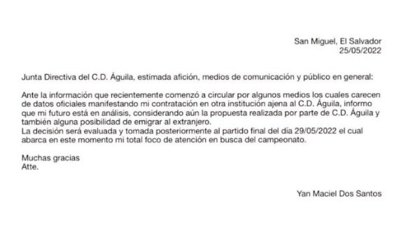 El comunicado que compartió Yan Maciel a los medios.
