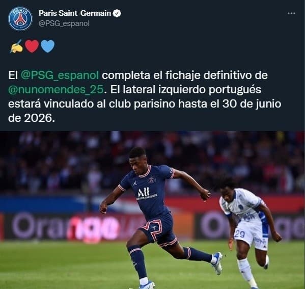 PSG hace oficial el fichaje definitivo de Nuno Mendes (Twitter @PSG_espanol)