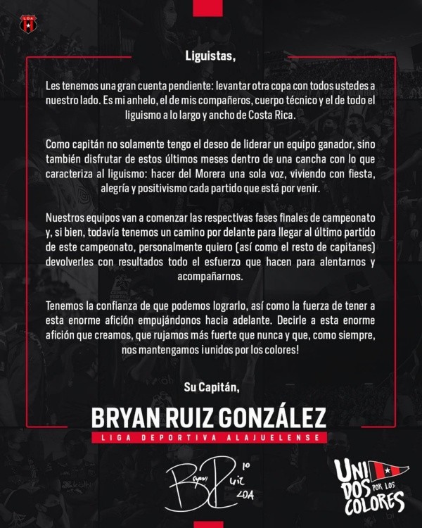 Mensaje de Bryan Ruiz a la afición manuda (LDA)