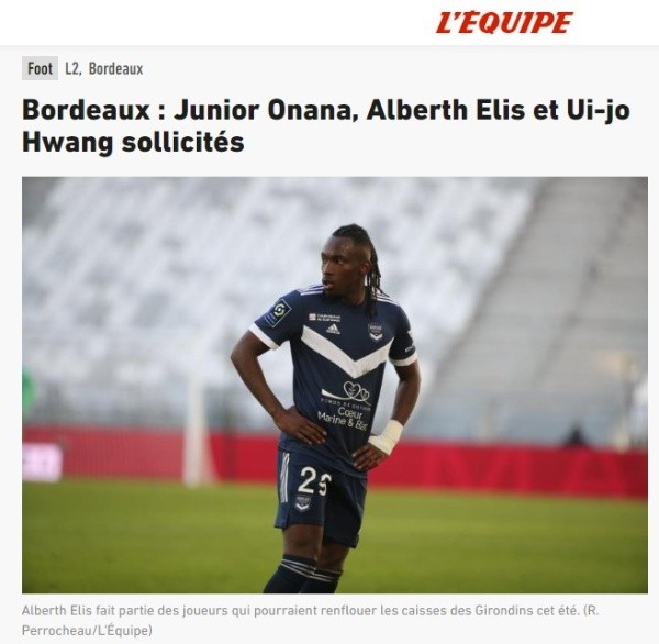 La publicación de L'Equipe advirtiendo que hay interés por Alberth Elis, entre otros jugadores del Girondins (Foto: L'Equipe)