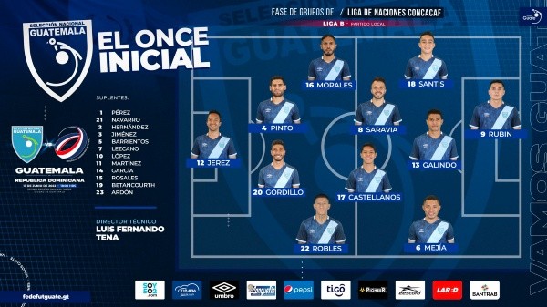 La alineación de Guatemala para recibir a República Dominicana (Foto: Fedefut)